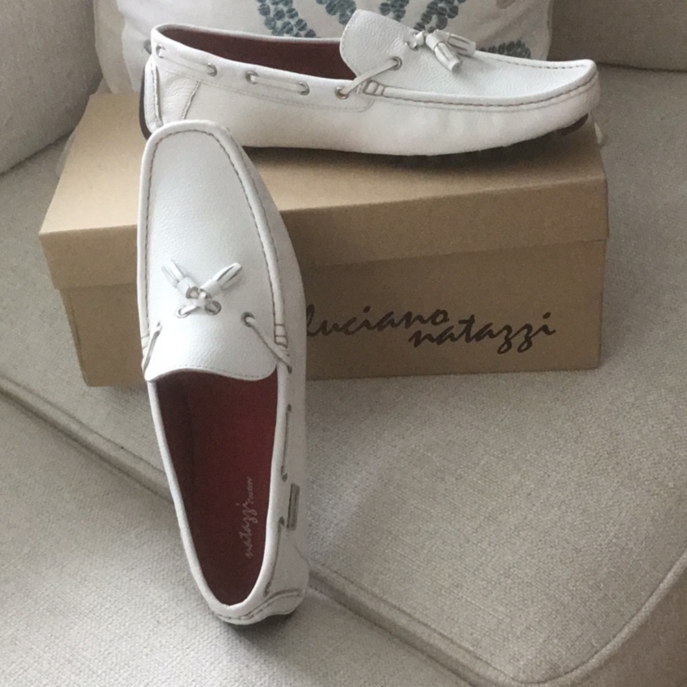 White Leather Slip-On Loafers with Metallic Accent LIKE NEW